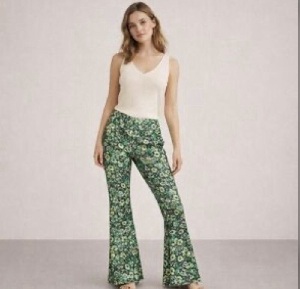 ZARA 70s Boho Retro Green Floral Print Flare Bell Bottom Pants Sz M